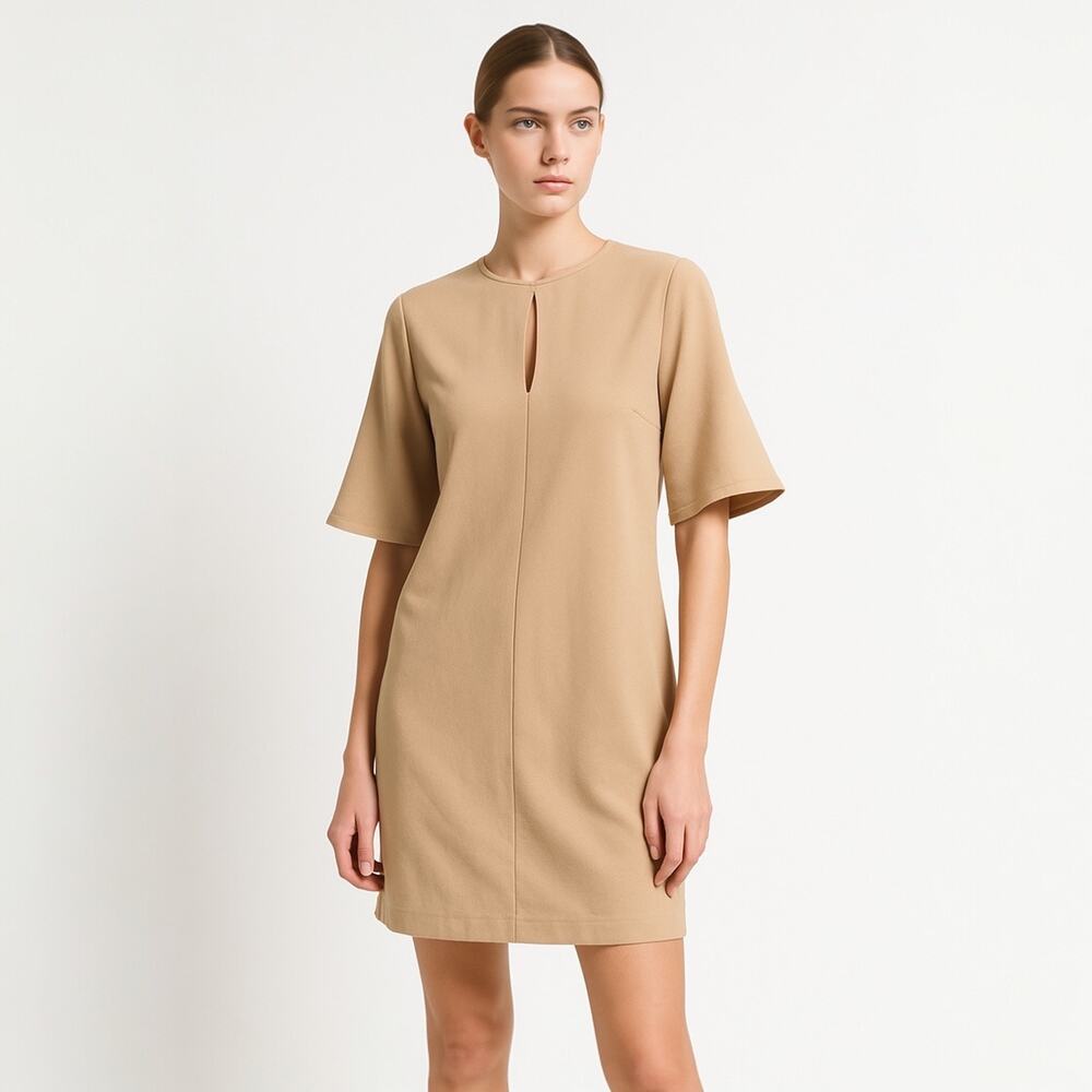 Oak + Fort Tan Brown Keyhole Neck Flutter Sleeve Tie Waist Mini Shift Dress M